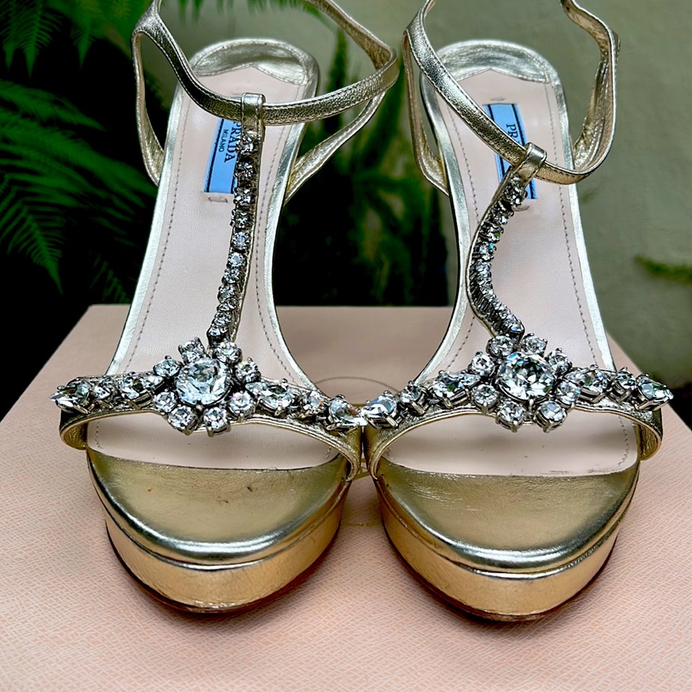 Prada gold kid leather and crystal shoes